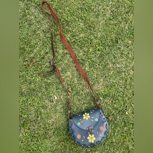 Blue Tooled Leather Crossbody Shoulder Bag with Floral Embossing Made in Mexico